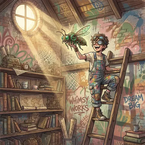 A sun-drenched graffiti street mural of a young tinkering inventor perched atop - AI生成图片 2