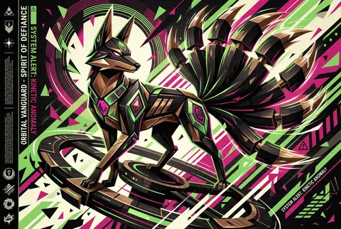 A feral nine-tailed fox spirit dominates a tall orbital-station propaganda poste - AI生成图片 3