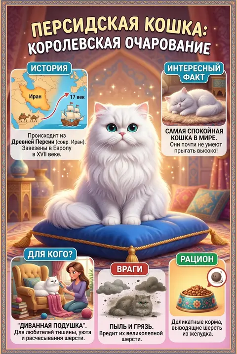Детский познавательный постер, Pixar 3D. В центре — роскошная белая персидская к - AI生成图片 1