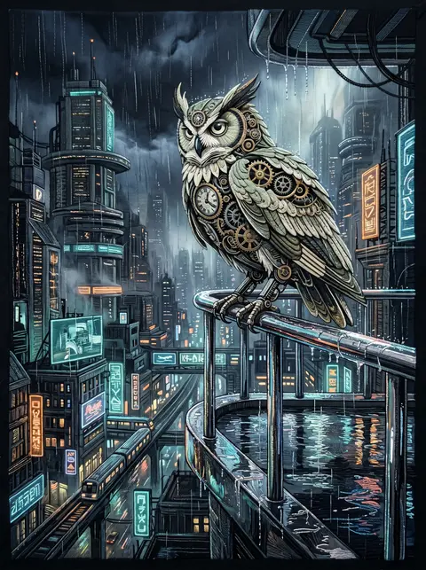 A clockwork owl poised on a rain-slick chrome balcony above a sprawling neon meg - AI生成图片 2