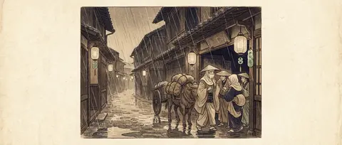 A hushed rain-drenched side passage at dusk, rendered as an exquisite ukiyo-e wo - AI生成图片 3