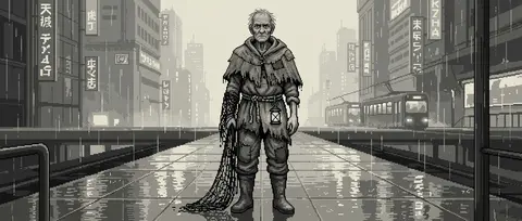 Full-body cinematic portrait of an elderly fisherman standing alone on a rain-sl - AI生成图片 1