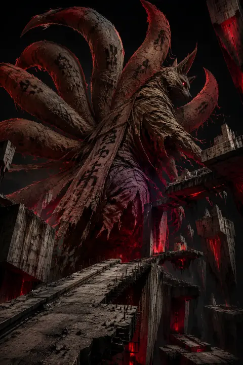 A colossal nine-tailed fox spirit ascends across fractured floating sky islands, - AI生成图片 2