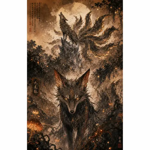 A legendary nine-tailed fox spirit poised on a jagged outcrop of frosted crystal - AI生成图片 2