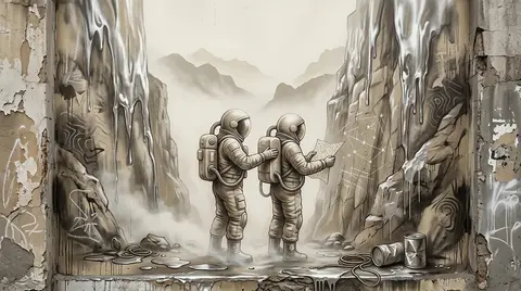 vertical composition, high-detail surreal poster-like mural of twin astronaut ex - AI生成图片 3