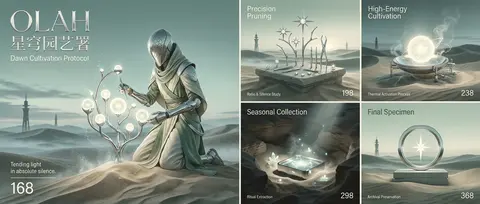 一位照料群星的天穹园丁伫立于黎明荒漠，将发光星种修剪、移植、编排成一块超高端五联画品牌海报；严格保留版式结构：左侧一块巨大主视觉面板，右侧四块小面板组成精确2x - AI生成图片 1