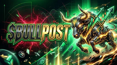 为加密社群横幅打造一张极具冲击力的视觉主图，主标题使用“$BULLPOST”超大字号置于画面核心偏左区域，字形厚重锋利，带有金属切面与微微发光的边缘效果，确保在 - AI生成图片 2