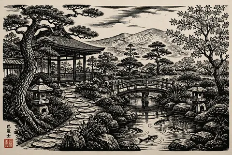 { "prompt_en": "A hand-carved linocut print in the Japanese ukiyo-e inspired st - AI生成图片 2