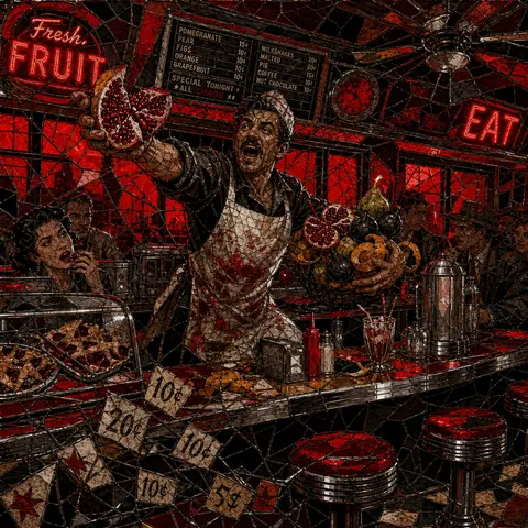 A feverish stained-glass mosaic scene inside a 1950s retro diner, centered on a - AI生成图片 2