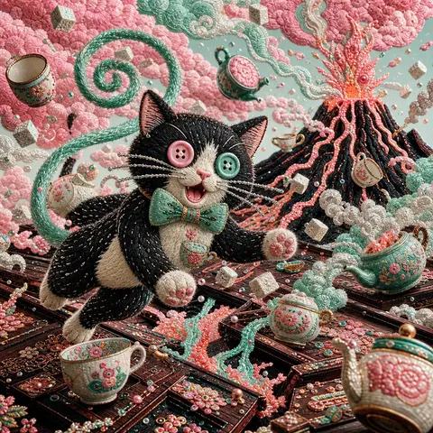An exuberant tea-house cat with mismatched button eyes, a crooked jade bow tie, - AI生成图片 2
