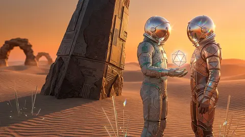 Twin astronaut explorers standing close beside a half-buried monolithic beacon i - AI生成图片 2