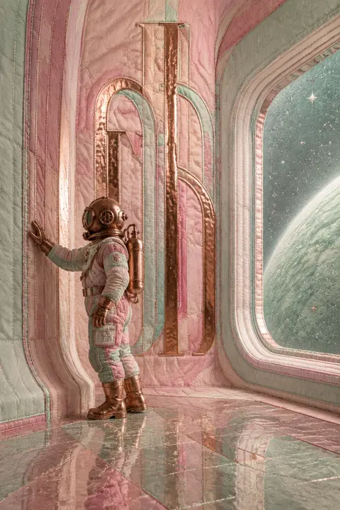 Vertical embroidered textile artwork styled like a luxury sci-fi poster: inside - AI生成图片 2