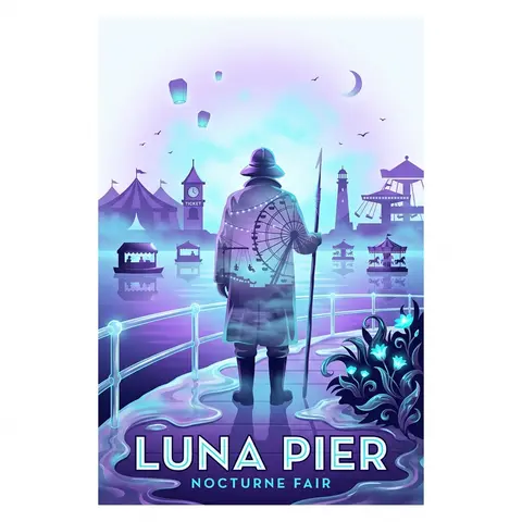 复古旅行海报风格插画，主题改为“LUNA PIER, NOCTURNE FAIR”，竖版构图，画面极简而空灵，结合中世纪现代海报版式与双重曝光摄影质感，四周大面 - AI生成图片 2