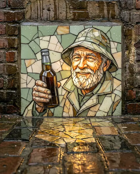 A weathered elderly fisherman in a rain-soaked back alley, rendered as a luminou - AI生成图片 1