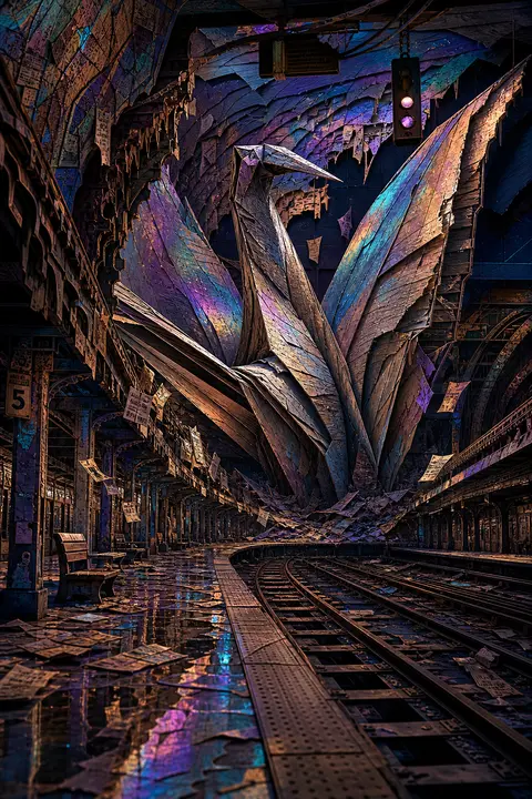 A colossal living origami crane, folded from scarred driftwood veneer and frayed - AI生成图片 1