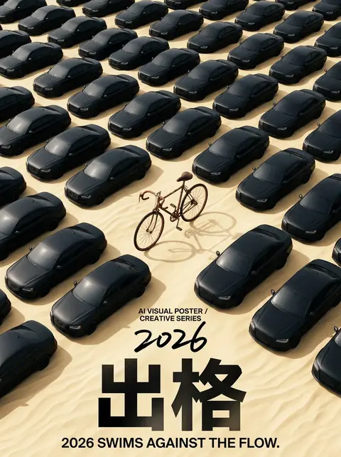 竖版 `3:4` 概念海报，高角度俯视构图，正上方直拍。整幅画面被大量整齐排列的同款哑光黑色现代轿车填满，车辆以高密度矩阵分布在平坦起伏极轻的淡金色沙漠沙丘表面 - AI生成图片 3