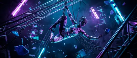 Masked carnival acrobat suspended inside a derelict orbital space station, crack - AI生成图片 3