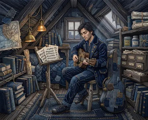a wandering street musician pausing between songs in a cozy cluttered attic libr - AI生成图片 2