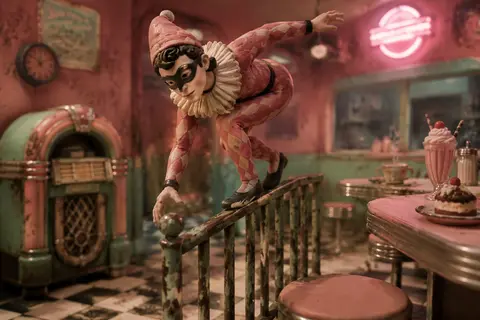 A masked carnival acrobat poised in a silent 1950s retro diner, rendered as clay - AI生成图片 1