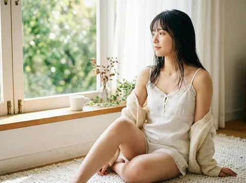 主題： 濡れ髪に朝光 主体： 白いルームウェア姿の成人女性が、明るい窓辺のラグに座っている縦長ポートレート。人物は画面中央からやや右に大きく配置し、頭頂から太 - AI生成图片 1
