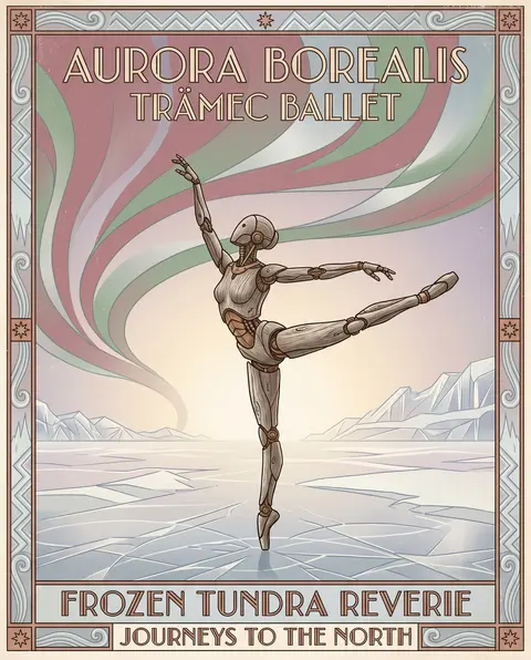 Dreamlike serene art deco travel poster of a robotic ballet dancer poised mid-ar - AI生成图片 3