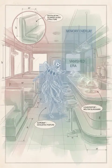 A wistful blueprint-style scene inside a 1950s chrome diner, centered on a maske - AI生成图片 4