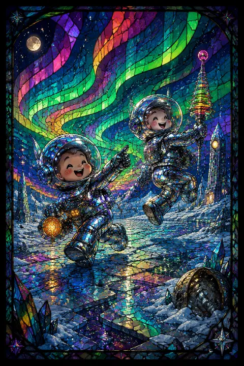 A playful stained-glass mosaic poster of twin astronaut explorers gleefully boun - AI生成图片 2