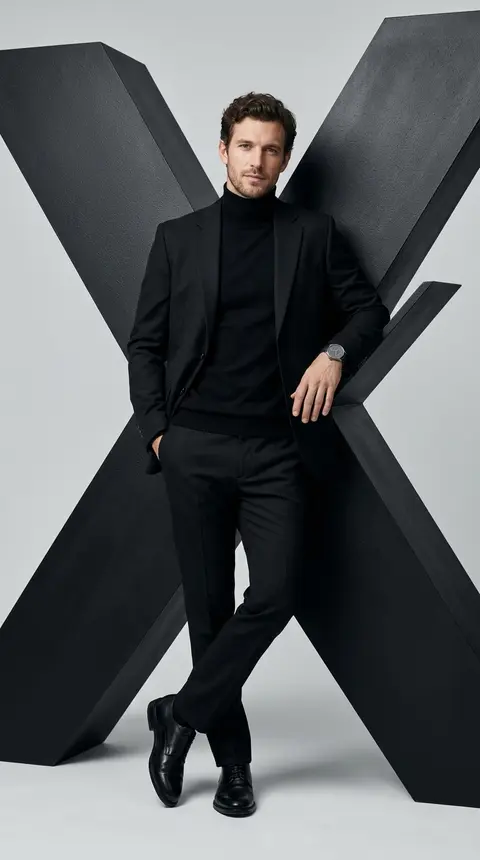 高级时尚棚拍人像，竖构图，全身镜头，虚构男模 Lucien Vale 站在一座巨大的黑色几何字母“X”雕塑前并随性倚靠其上，人物居中，姿态自信而松弛，带着克制冷 - AI生成图片 4
