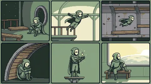 16-bit pixel art, intimate quiet mood, a masked carnival acrobat aboard an orbit - AI生成图片 1