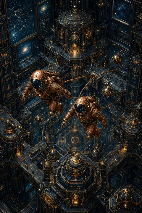Two identical astronaut siblings drift through the central spine of a colossal o - AI生成图片 1