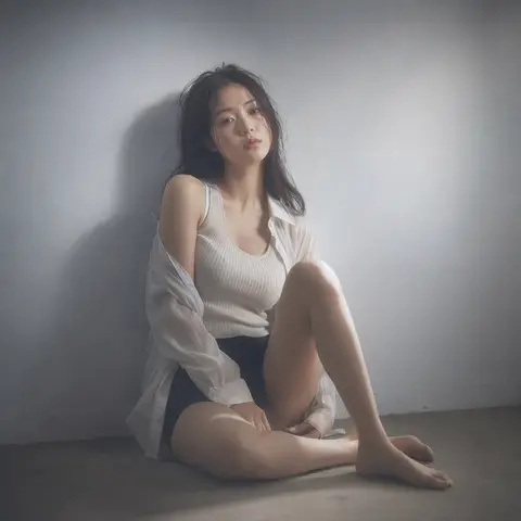 9:16 竖幅，时尚杂志感人像，单人主体；柔和黑雾滤镜，轻微薄雾弥散，细腻高光泛光，整体低饱和 muted tones；极简室内场景，干净背景带一点墙面纹理；主 - AI生成图片 2