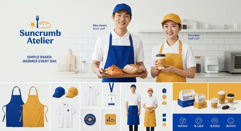 品牌 VI 工装版式展板，烘焙店 `Suncrumb Atelier` 全套视觉物料展示，明亮克莱因蓝与暖蜂蜜黄高对比主色，干净高级的 ins 风商业品牌设计主 - AI生成图片 1