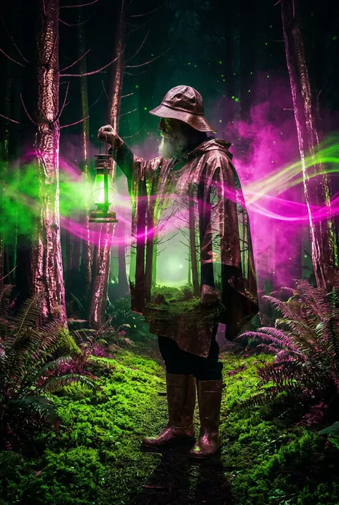 一位古怪的灯塔守夜人站在发光苔藓覆盖的小径中央，周围是夜色中的奇异森林，树干与蕨类像液态金属般泛着锤纹铜质光泽，枝叶间漂浮着顽皮的荧光孢子与细小光点；整幅画面采 - AI生成图片 1