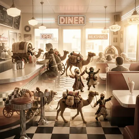 Double-exposure photography of a jubilant desert nomad caravan transformed into - AI生成图片 2