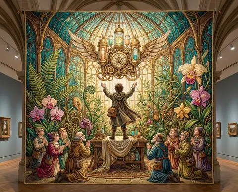 A monumental embroidered textile tableau of a young tinkering inventor standing - AI生成图片 1