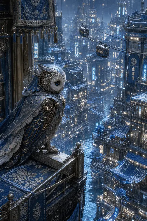 isometric miniature scene of a melancholic clockwork owl perched on a silk-woven - AI生成图片 2
