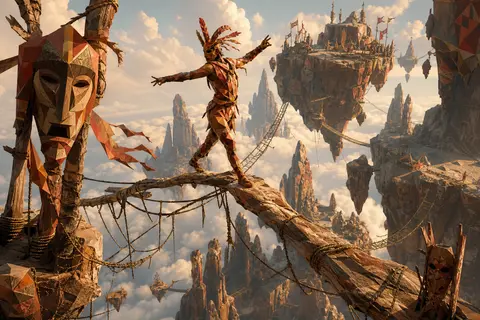 A masked carnival acrobat balanced atop weathered driftwood bridges between floa - AI生成图片 1