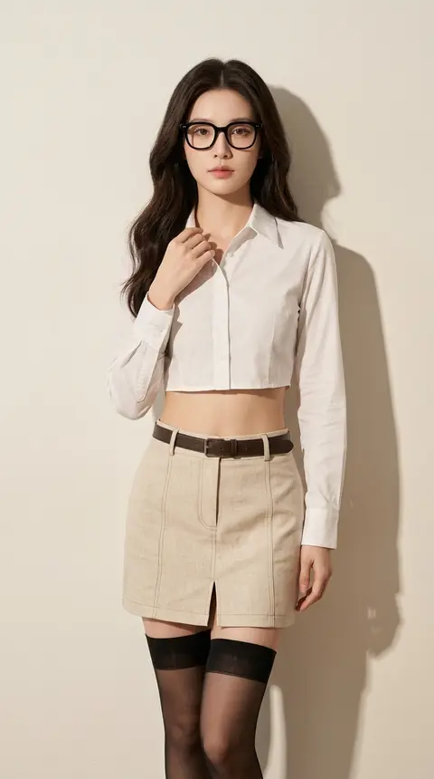 高真实感时尚棚拍人像，主角为年轻成年女性“林澈宁”，冷白肤色，纤细却富有柔和曲线，深栗褐近黑色的长款微卷发自然披肩，中分造型，佩戴一副黑曜石色厚框光学眼镜；面部 - AI生成图片 1