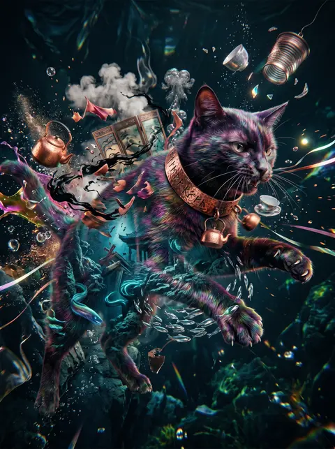 Vertical double-exposure poster of a feral tea-house cat mid-pounce, whiskers fl - AI生成图片 3