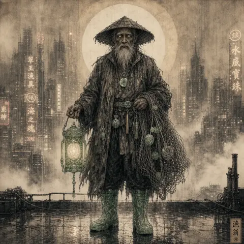 Elderly fisherman rendered as a charcoal sketch, standing full-length on a rain- - AI生成图片 1