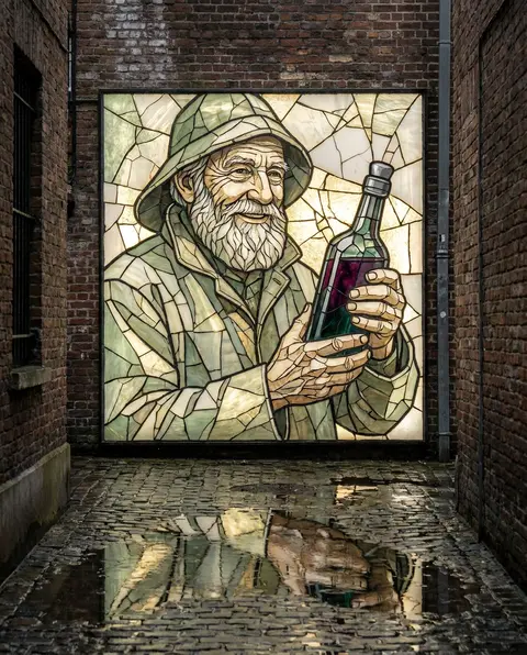 A weathered elderly fisherman in a rain-soaked back alley, rendered as a luminou - AI生成图片 3