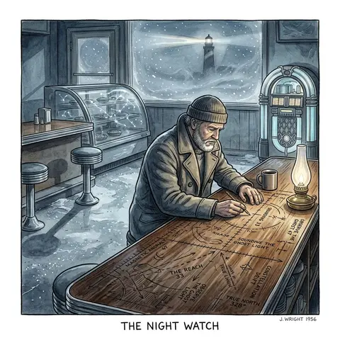 A solitary lighthouse keeper in a chrome-trimmed 1950s roadside diner at polar m - AI生成图片 1