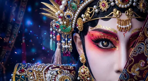 国风戏曲旦角美人系列｜极近景半脸单眼特写 把米哈游角色、西游记角色与历史人物，重塑成冷艳神秘的东方戏曲美人。 红粉橘戏曲眼妆、冷白瓷肌、蓝紫冷光、华丽珠玉 - AI生成图片 2