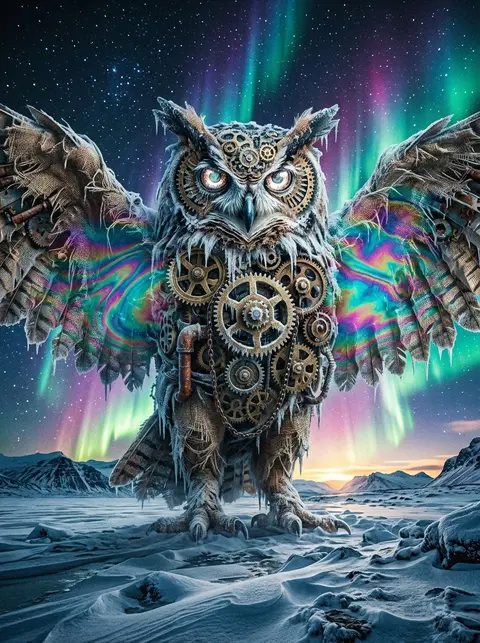A colossal clockwork owl forged from rough burlap and tarnished brass rises on a - AI生成图片 3