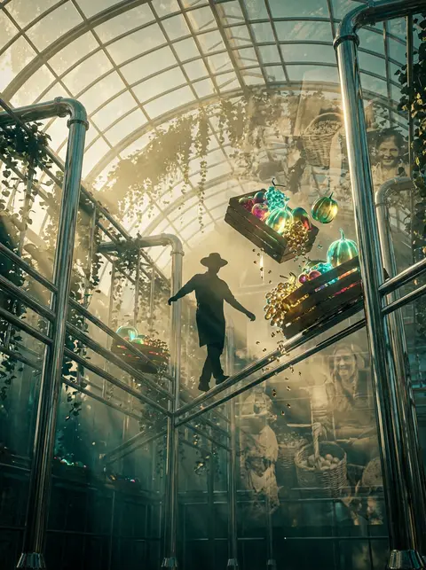 A solitary fruit vendor balancing on a narrow suspended rail between towering ch - AI生成图片 1