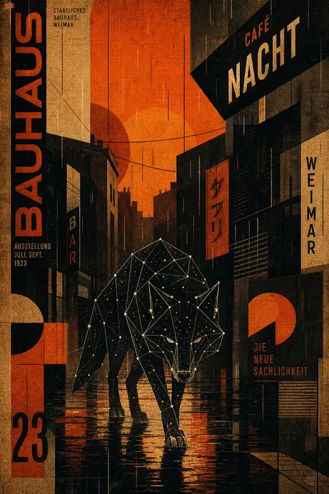 constellation wolf prowling through a rain-soaked back alley, bauhaus geometric - AI生成图片 2