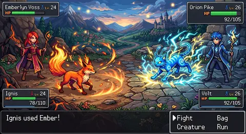 A richly detailed pixel-art battle scene inspired by a classic monster-collector - AI生成图片 2