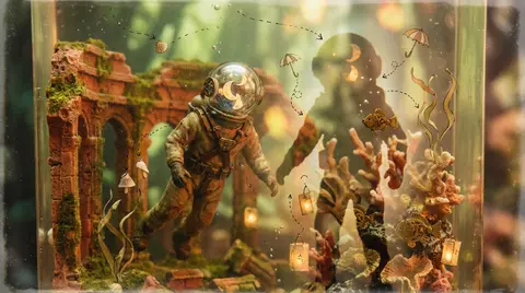 A playful deep-sea diver with a glass-domed helmet full of tiny floating paper m - AI生成图片 1