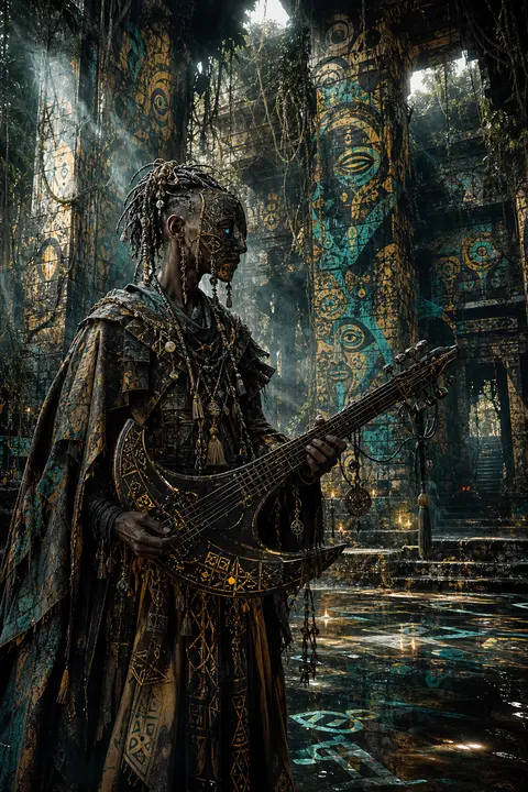 A lone wandering street musician with an androgynous silhouette, weathered coppe - AI生成图片 2