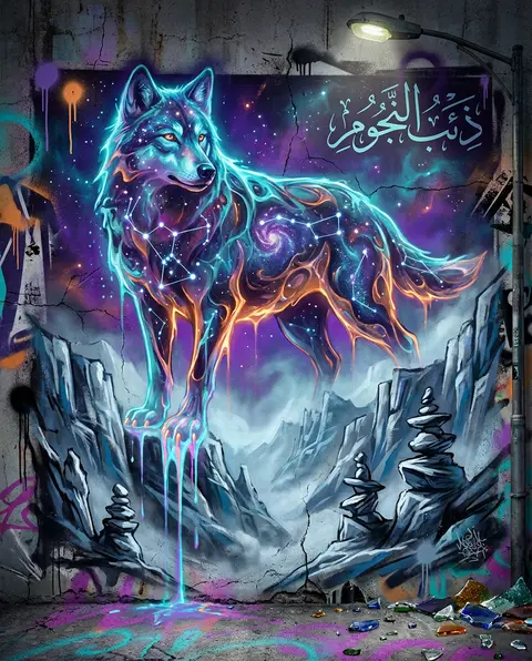 An immense wolf formed from glowing star-charts prowls across a narrow mountain - AI生成图片 4